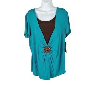 Choices Bohemian Blues Teal Brown Medallion Beaded Slinky‎ Top XL  NEW spring